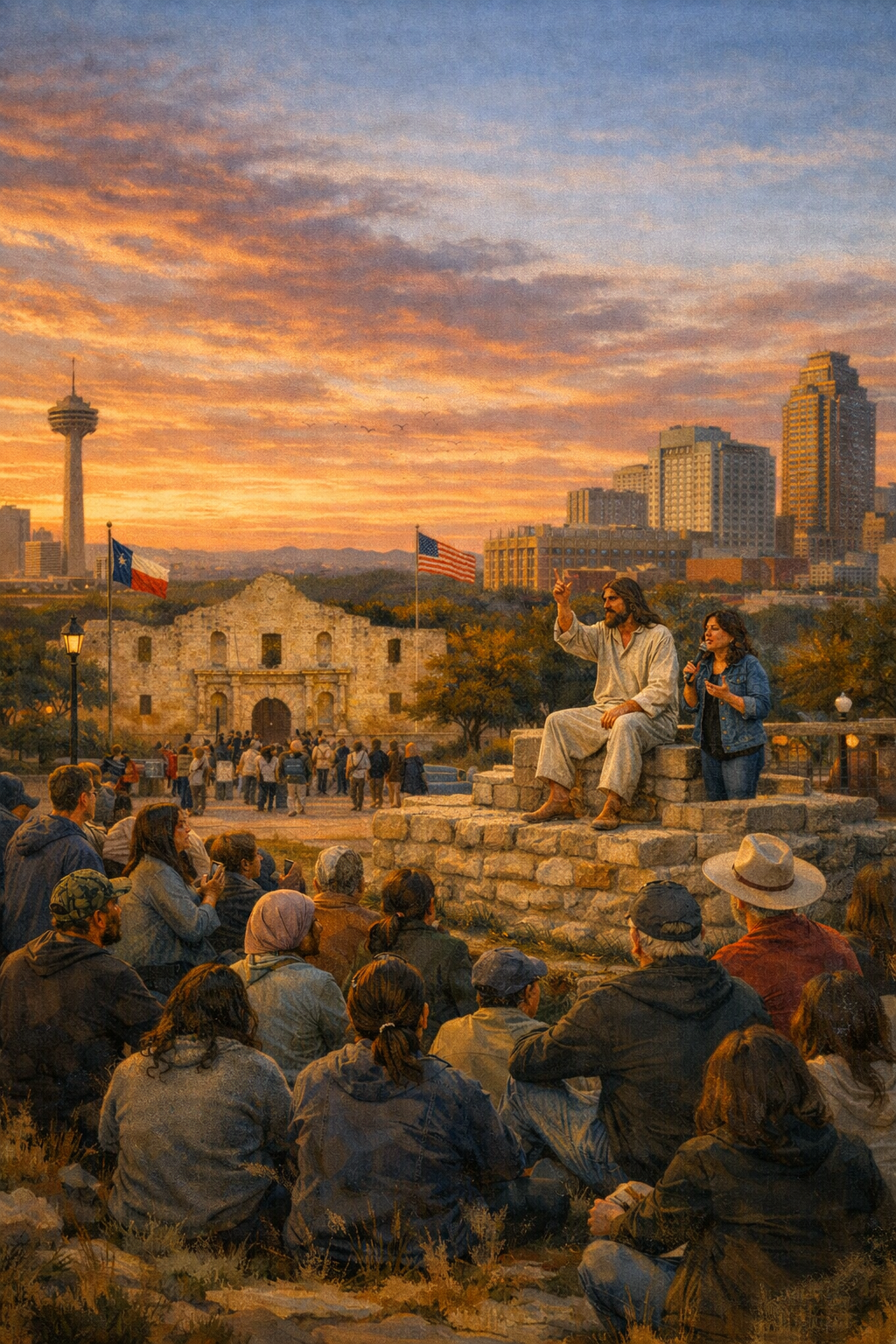 A man speaking from a low wall at Alamo Plaza, a diverse crowd gathered close